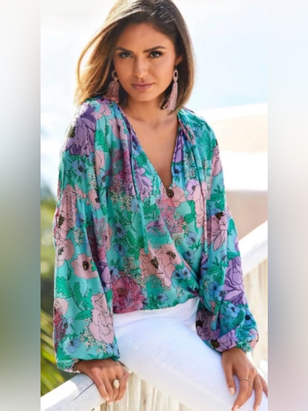Boston Proper floral long sleeve blouse top embroidered v neck coastal boho L